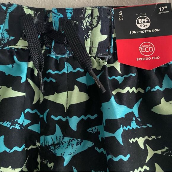NWT Speedo Boys Shark Print Swim Trunks Shorts Black Size Small swimwear - Picture 6 of 7